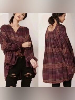 Free People “Come On Over” Grunge Patchwork Plaid Peasant Tunic Trapeze Top S